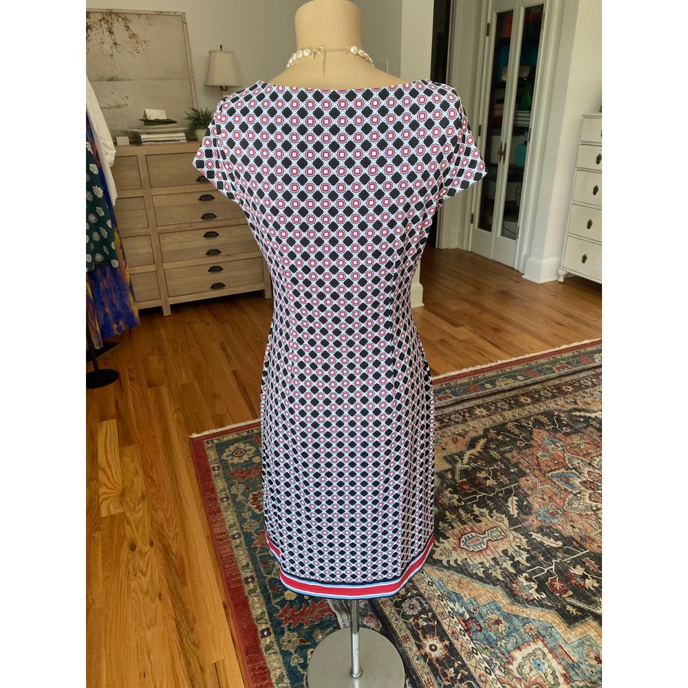 Talbots Womens Small Blue Red Geometric Side Knot Sheath Dress - Picture 5 of 9